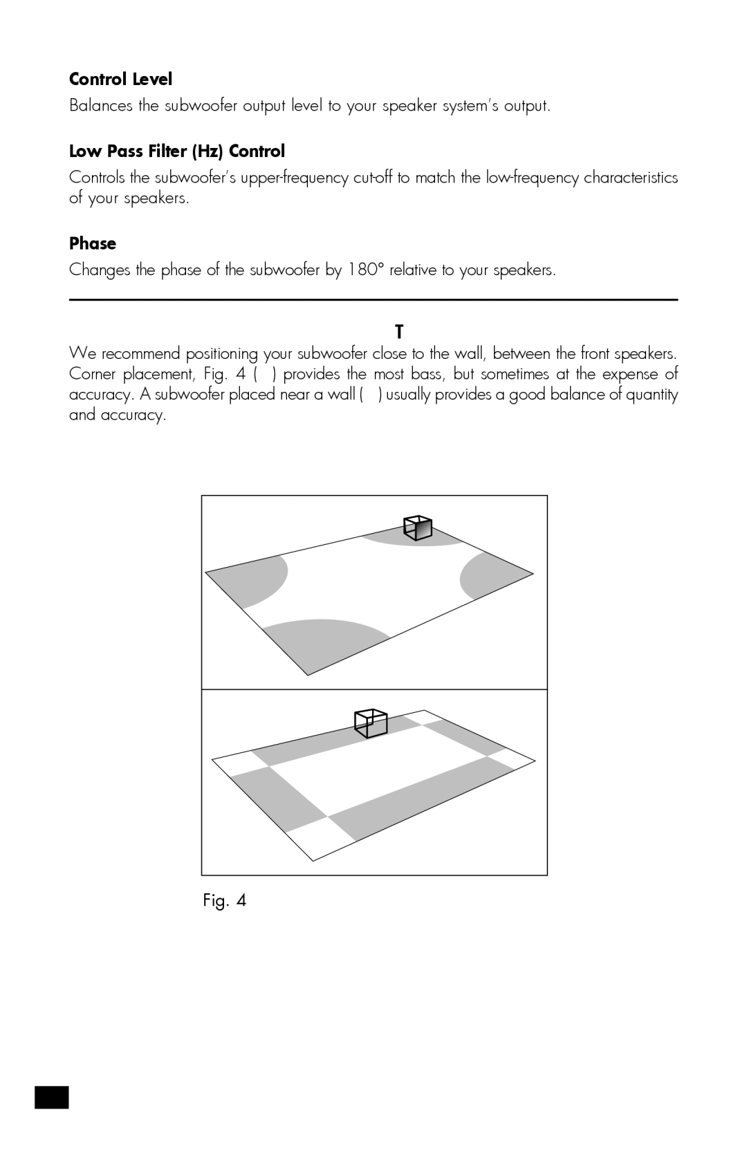 MartinLogan MLT-2 user manual Subwoofer Placement, Control Level, Low Pass Filter Hz Control, Phase 